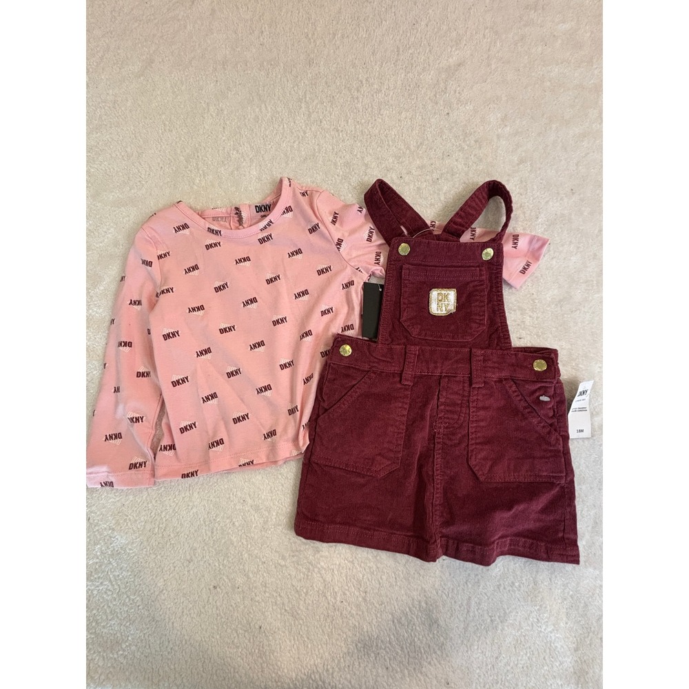 DKNY Baby Girls 2pc Set‎ Pink Logo Long Sleeve Top Burgundy Corduroy Jumper 18M